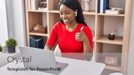  Presentation with laptop - PPT layouts enhanced with african-young-woman-using-laptop background and a light gray colored foreground