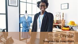  Presentation with working - Presentation theme with african-young-woman-working background and a coral colored foreground