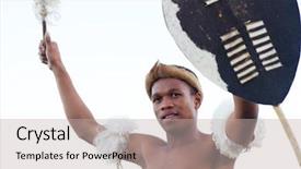  Presentation with african tribe - Amazing PPT theme having african zulu man holding traditional backdrop and a light gray colored foreground