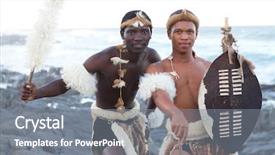  Presentation with african culture - Audience pleasing presentation theme consisting of african zulu men on beach backdrop and a gray colored foreground