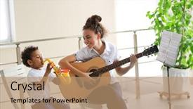  Presentation with hipster girl playing tetris game - Amazing PPT theme having africanamerican women - young girl playing on guitar backdrop and a coral colored foreground