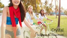  Presentation with bicycle - PPT theme featuring africans asians - female friends having fun background and a  colored foreground