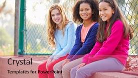  Presentation with three - PPT theme having africans asians - three young girls hanging background and a coral colored foreground