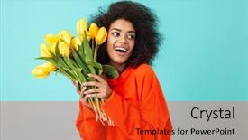  Presentation with red blue yellow - Beautiful slide deck featuring afro - curly american woman in red backdrop and a red colored foreground