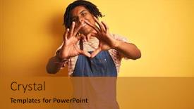  Presentation with american heart - Presentation design consisting of afro american barista man with dreadlocks wearing apron over isolated yellow background smiling in love showing heart symbol and shape with hands romantic concept background and a gold colored foreground