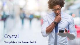  Presentation with african american in business - Colorful slide set enhanced with afro american business man texting backdrop and a sky blue colored foreground