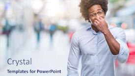  Presentation with afro - Slides having afro american business man wearing glasses over isolated background looking stressed and nervous with hands on mouth biting nails anxiety problem background and a sky blue colored foreground