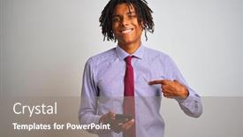  Presentation with afro - Amazing slide deck having afro american businessman with dreadlocks using smartphone over isolated white background with surprise face pointing finger to himself backdrop and a gray colored foreground