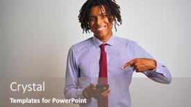  Presentation with afro - Colorful slide set enhanced with afro american businessman with dreadlocks using smartphone over isolated white background very happy pointing with hand and finger backdrop and a gray colored foreground