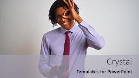  Presentation with afro - Slide set having afro american businessman with dreadlocks using smartphone over isolated white background with happy face smiling doing ok sign with hand on eye looking through fingers background and a light gray colored foreground