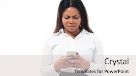  Presentation with afro - Slide deck with afro american businesswoman using smartphone background and a light gray colored foreground