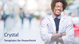  Presentation with army person pressing remote baton - Cool new slide deck with afro american doctor scientist man backdrop and a sky blue colored foreground