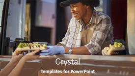  Presentation with food service - Slide deck featuring afro-american-female-employee background and a tawny brown colored foreground