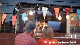  Presentation with food service - PPT theme with afro-american-female-employee background and a tawny brown colored foreground
