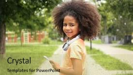  Presentation with american music - Amazing theme having afro-american little girl listening to music in park backdrop and a yellow colored foreground