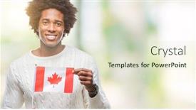  Presentation with canada flag - Presentation theme enhanced with afro american man flag of canada over isolated background with a happy face standing and smiling with a confident smile showing teeth background and a soft green colored foreground