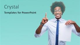  Presentation with questions question marks idea - Amazing presentation design having afro american man holding blank paper contract over isolated background surprised with an idea or question pointing finger with happy face number one backdrop and a light blue colored foreground