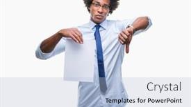  Presentation with afro - Slide deck consisting of afro american man holding blank paper contract over isolated background with angry face negative sign showing dislike with thumbs down rejection concept background and a light blue colored foreground
