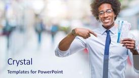  Presentation with boarding house - Colorful PPT theme enhanced with afro american man holding boarding backdrop and a  colored foreground