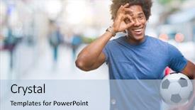  Presentation with football goal post american field - Beautiful presentation design featuring afro american man holding football backdrop and a  colored foreground