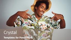  Presentation with proud american - Presentation design featuring afro american man on vacation wearing summer shirt and hat over isolated white background looking confident with smile on face pointing oneself with fingers proud and happy background and a coral colored foreground