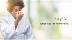  Presentation with kimono - PPT layouts with afro american man wearing karate kimono over isolated background tired rubbing nose and eyes feeling fatigue and headache stress and frustration concept background and a soft green colored foreground
