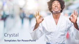  Presentation with kimono - Cool new slide deck with afro american man wearing karate kimono over isolated background relax and smiling with eyes closed doing meditation gesture with fingers yoga concept backdrop and a sky blue colored foreground