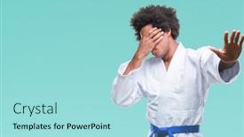  Presentation with kimono - Theme having afro american man wearing karate kimono over isolated background covering eyes with hands and doing stop gesture with sad and fear expression embarrassed and negative concept background and a arctic colored foreground