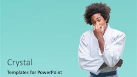  Presentation with kimono - Presentation with afro american man wearing karate kimono over isolated background looking stressed and nervous with hands on mouth biting nails anxiety problem background and a arctic colored foreground