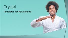  Presentation with kimono - Presentation theme featuring afro american man wearing karate kimono over isolated background gesturing with hands showing big and large size sign measure symbol smiling looking at the camera measuring concept background and a light blue colored foreground
