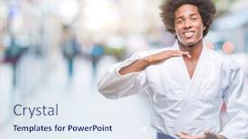 Presentation with kimono - Amazing PPT theme having afro american man wearing karate kimono over isolated background gesturing with hands showing big and large size sign measure symbol smiling looking at the camera measuring concept backdrop and a sky blue colored foreground