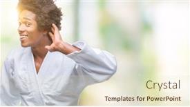  Presentation with kimono - Audience pleasing presentation theme consisting of afro american man wearing karate kimono over isolated background smiling with hand over ear listening an hearing to rumor or gossip deafness concept backdrop and a soft green colored foreground