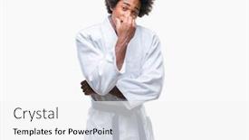 Presentation with kimono - Presentation theme featuring afro american man wearing karate kimono over isolated background looking stressed and nervous with hands on mouth biting nails anxiety problem background and a white colored foreground