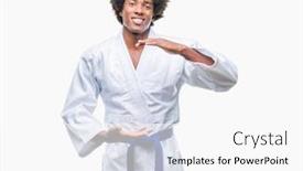  Presentation with kimono - Presentation enhanced with afro american man wearing karate kimono over isolated background gesturing with hands showing big and large size sign measure symbol smiling looking at the camera measuring concept background and a white colored foreground