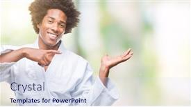  Presentation with kimono - Presentation theme enhanced with afro american man wearing karate kimono over isolated background amazed and smiling to the camera while presenting with hand and pointing with finger background and a sky blue colored foreground