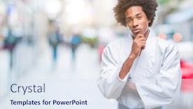  Presentation with kimono - Colorful presentation theme enhanced with afro american man wearing karate kimono over isolated background looking confident at the camera with smile with crossed arms and hand raised on chin thinking positive backdrop and a sky blue colored foreground