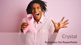  Presentation with pink ribbon hands - Presentation theme with afro american man with dreadlocks holding cancer ribbon over isolated pink background very happy and excited winner expression celebrating victory screaming with big smile and raised hands background and a lemonade colored foreground
