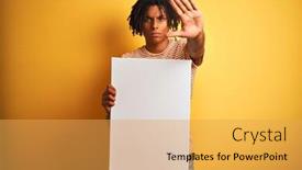  Presentation with afro - Beautiful presentation design featuring afro american man with dreadlocks holding banner over isolated yellow background with open hand doing stop sign with serious and confident expression defense gesture backdrop and a yellow colored foreground