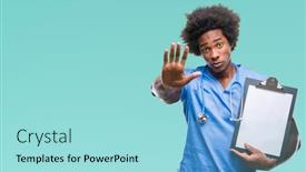  Presentation with hand surgeon - Slides enhanced with afro american surgeon doctor holding clipboard man over isolated background with open hand doing stop sign with serious and confident expression defense gesture background and a arctic colored foreground