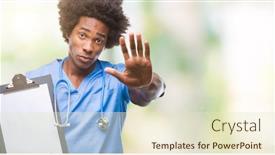  Presentation with hand surgeon - Presentation theme with afro american surgeon doctor holding clipboard man over isolated background with open hand doing stop sign with serious and confident expression defense gesture background and a lemonade colored foreground