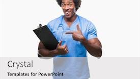  Presentation with hand surgeon - Presentation theme featuring afro american surgeon doctor holding clipboard man over isolated background very happy pointing with hand and finger background and a light gray colored foreground