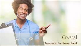  Presentation with hand surgeon - PPT theme enhanced with afro american surgeon doctor holding clipboard man over isolated background very happy pointing with hand and finger to the side background and a cream colored foreground