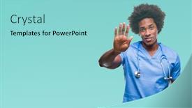  Presentation with hand surgeon - PPT theme featuring afro american surgeon doctor man over isolated background doing stop sing with palm of the hand warning expression with negative and serious gesture on the face background and a light blue colored foreground