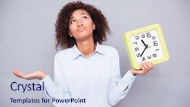  Presentation with tired - Amazing slides having afro american woman holding clock backdrop and a sky blue colored foreground