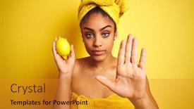  Presentation with defense - Audience pleasing slide deck consisting of afro american woman wearing towel after shower holding lemon over isolated yellow background with open hand doing stop sign with serious and confident expression defense gesture backdrop and a gold colored foreground