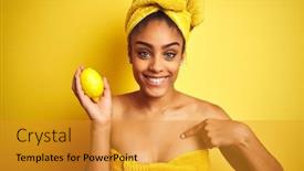  Presentation with lemon - Cool new presentation theme with afro american woman wearing towel after shower holding lemon over isolated yellow background with surprise face pointing finger to himself backdrop and a gold colored foreground