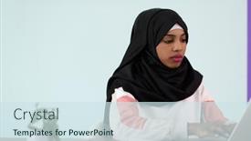  Presentation with home office - Amazing PPT theme having afro-girl-wearing-a-hijab backdrop and a sky blue colored foreground