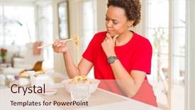  Presentation with brain thinking - PPT theme having afro hair eating asian food background and a  colored foreground