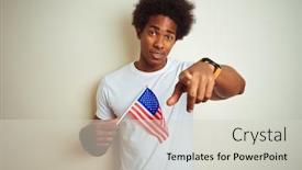  Presentation with america flag - PPT layouts featuring afro man holding united estates of america usa flag standing over isolated white background pointing with finger to the camera and to you hand sign positive and confident gesture from the front background and a light gray colored foreground