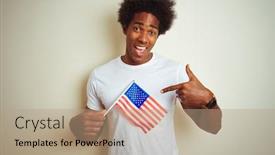  Presentation with america flag - Presentation theme consisting of afro man holding united estates of america usa flag standing over isolated white background very happy pointing with hand and finger background and a coral colored foreground